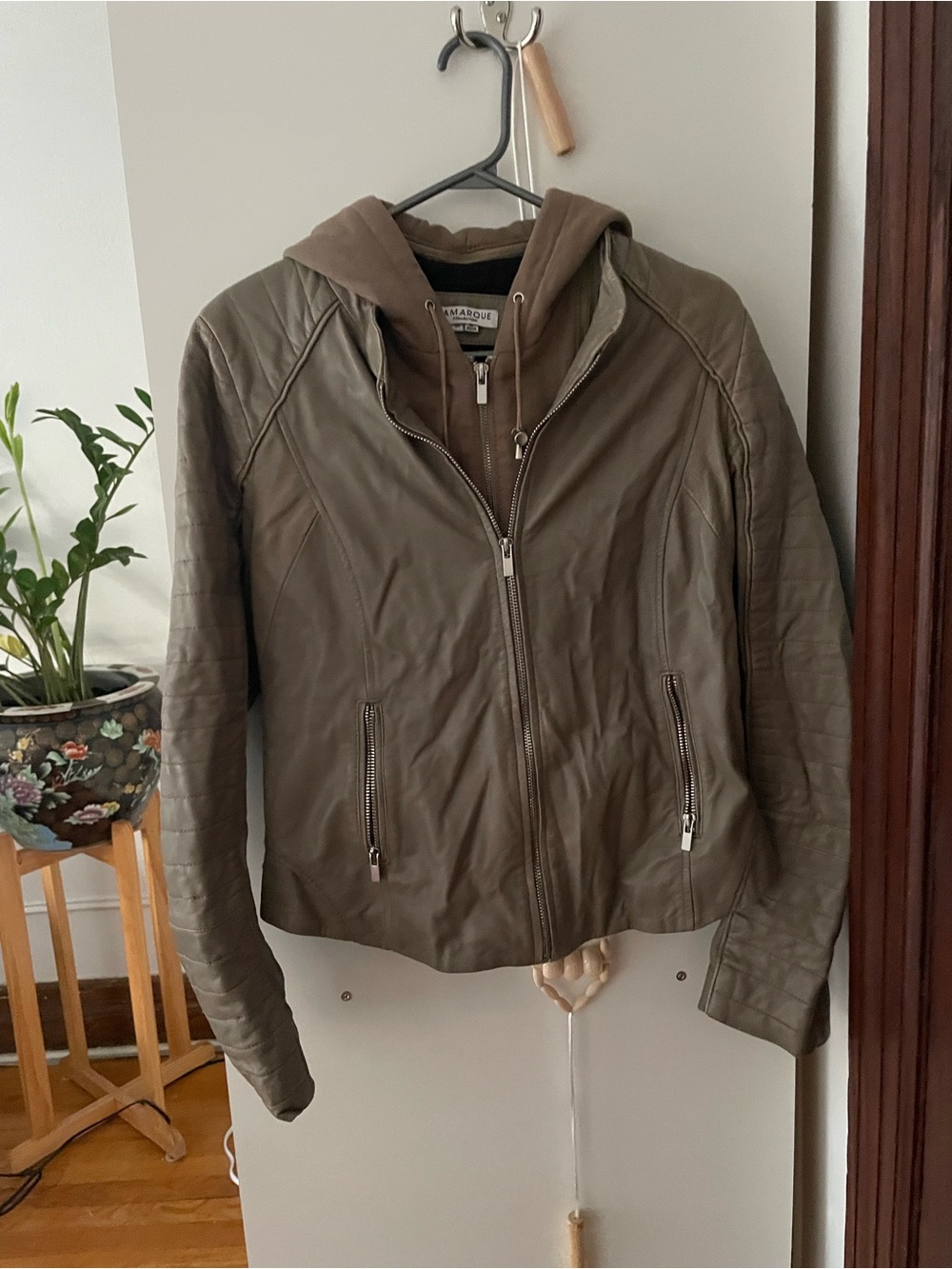 Lamarque Olive Leather Hooded Zip Jacket